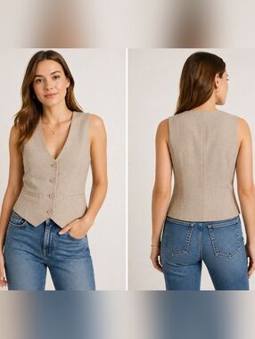 Wilfred Aritzia Beige Vest Size 2 Linen Look Tailored Button Minimalis Capsule